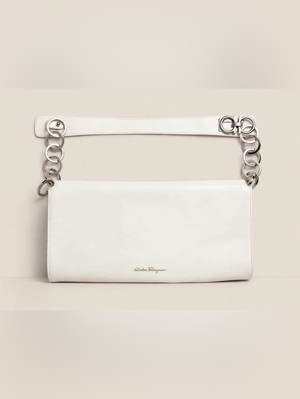⭐️ Authentic Salvatore Ferragamo White Patent Leather Chain Shoulder Bag Clutch
